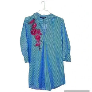 Zara blue striped floral embroidered shirt dress pinstripe size Small